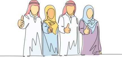 Single continuous line drawing of young muslim businessman and businesswoman giving thumbs up gestures. Arab middleeast cloth shmagh, kandura, thawb, robe. One line draw design illustration png