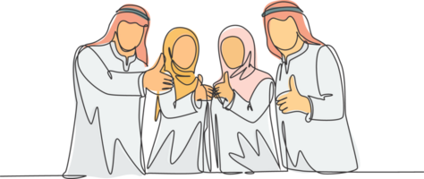 One single line drawing of young happy muslim businesspeople line up neatly and give thumbs up. Saudi Arabia cloth shmag, kandora, headscarf, ghutra. Continuous line draw design illustration png