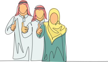 Single continuous line drawing of young muslim male and female marketing managers giving thumbs up gestures. Arab middleeast cloth shmagh, kandura, thawb. One line draw design illustration png