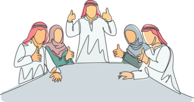 uno soltero línea dibujo de joven contento musulmán empresario y su diversidad equipo dar pulgar arriba. saudi arabia paño mierda, Pañuelo, thobe, ghutra continuo línea dibujar diseño ilustración png