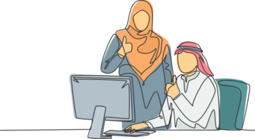 Single continuous line drawing of young muslim male and female employees give thumbs up gestures. Arab middleeast cloth shmagh, kandura, thawb, robe. One line draw design illustration png