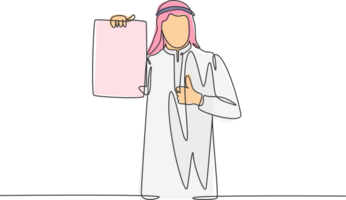 One single line drawing of young happy muslim manager proudly showing his work achievements. Saudi Arabia cloth shmag, kandora, headscarf, thobe ghutra. Continuous line draw design illustration png