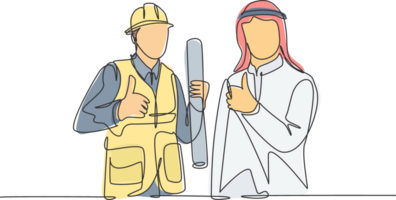 One continuous line drawing of muslim businessman and building constructor collaboration and give thumbs up. Islamic clothing kandura, scarf, keffiyeh. Single line draw design illustration png