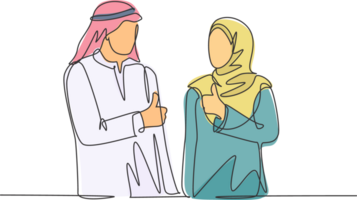 ett kontinuerlig linje teckning av ung muslim manlig och kvinna arbetare ge tummen upp till fira jobb befordran. islamic Kläder hijab, scarf, keffiyeh. enda linje dra design illustration png