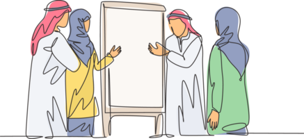 One continuous line drawing of young muslim manager give brief at company meeting discussing strategy. Islamic clothing shemag, kandura, scarf, keffiyeh. Single line draw design illustration png