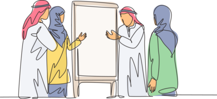 un continu ligne dessin de Jeune musulman directeur donner bref à entreprise réunion discuter stratégie. islamique Vêtements shemag, kandura, foulard, keffieh. Célibataire ligne dessiner conception illustration png