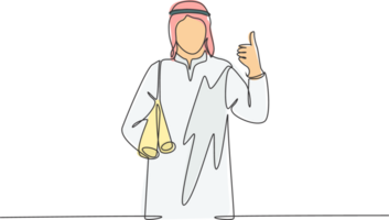 One single line drawing of young happy muslim architect bring building floor plan while thumb up. Saudi Arabia cloth shmag, kandora, headscarf, thobe. Continuous line draw design illustration png