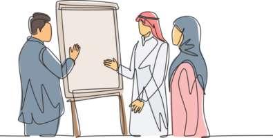 Single continuous line drawing of young muslim businessman presenting collaboration strategy with his colleague. Arab middleeast cloth kandura, thawb, robe. One line draw design illustration png