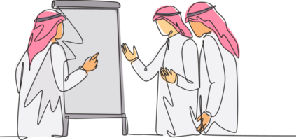 One continuous line drawing of young muslim businessman presenting new product launch plan to business partner. Islamic clothing kandura, scarf, keffiyeh. Single line draw design illustration png