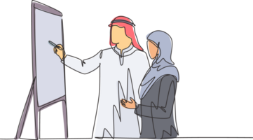 Single continuous line drawing of young muslim manager do presentation to explain job of new assistant. Arab middleeast cloth shmagh, kandura, thawb, robe. One line draw design illustration png