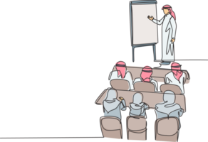 Single continuous line drawing of young muslim businessman do strategy presentation while company team meeting. Arab middleeast cloth shmagh, thawb, robe. One line draw design illustration png