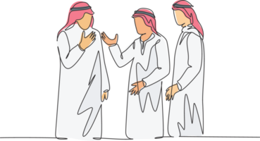 Single continuous line drawing of young muslim manager discussing business talk with partner colleagues. Arab middleeast cloth shmagh, kandura, thawb, robe. One line draw design illustration png