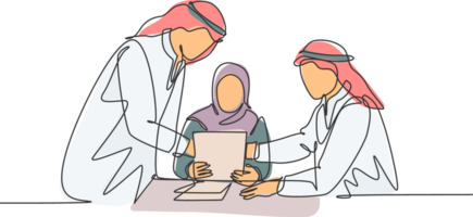 One single line drawing of young happy muslim managers discussing and designing company policy. Saudi Arabia cloth shmag, hijab, headscarf, thobe. Continuous line draw design illustration png