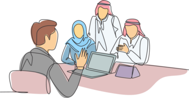 One single line drawing of young happy muslim businessmen get business coaching from consultant. Saudi Arabia cloth veil, headscarf, thobe, hijab. Continuous line draw design illustration png