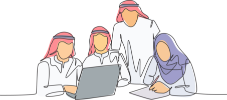 One continuous line drawing of young muslim startup team members serious discussing marketing strategy. Islamic clothing shemag, kandura, scarf hijab, veil. Single line draw design illustration png