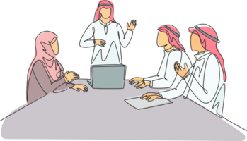 Single continuous line drawing of young muslim businessman presenting proposal business to prospective investor. Arab middleeast cloth kandura, thawb, robe. One line draw design illustration png