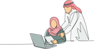 un Célibataire ligne dessin de Jeune content musulman couple directeur enseigner à analyser Les données de base de données. saoudien Saoudite tissu candora, foulard, thobe, hijab. continu ligne dessiner conception illustration png