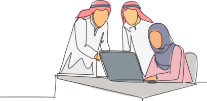 One single line drawing of young happy muslim workers discussing sales marketing strategy. Saudi Arabia cloth shmag, kandora, headscarf, thobe, ghutra. Continuous line draw design illustration png