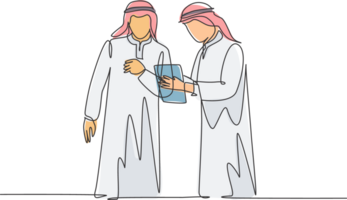 een single lijn tekening van jong gelukkig moslim managers bespreken voorraad uitwisseling bewegingen. saudi Arabië kleding schmag, kandora, hoofddoek, thobe, ghutra. doorlopend lijn trek ontwerp illustratie png