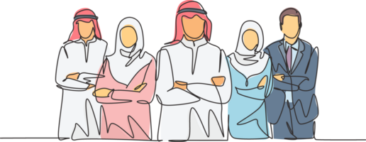 een doorlopend lijn tekening groep van jong moslim en multi etnisch zakenman zakenvrouw lijn omhoog samen. Islamitisch kleding sjaal, kaffiyeh, hijab pak. single lijn trek ontwerp illustratie png