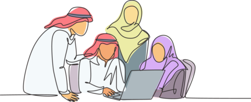 uno soltero línea dibujo de joven musulmán negocio comunidad que se discute social proyecto juntos. saudi arabia paño mierda, Pañuelo, ghutra, hiyab, velo. continuo línea dibujar diseño ilustración png