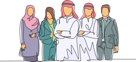 uno continuo linea disegno gruppo di giovane musulmano e Multi etnico manager posa in piedi insieme. islamico capi di abbigliamento Shemag, Kandura, sciarpa, hijab, velo. singolo linea disegnare design illustrazione png