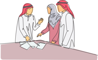 solteiro contínuo linha desenhando do jovem muçulmano comece fundador discutindo o negócio proposta com equipe membro. árabe Médio Oriente pano Kandura, descongelar, manto, hijab. 1 desenhar Projeto ilustração png