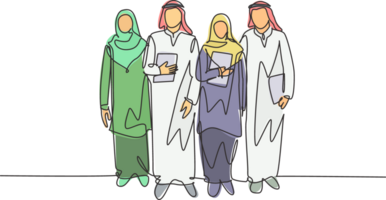 1 contínuo linha desenhando do jovem feliz muçulmano trabalhadores caminhando juntos às escritório beco prédio. islâmico roupas shemag, Kandura, keffiyeh, hijab. solteiro linha desenhar Projeto ilustração png