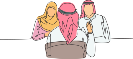 uno soltero línea dibujo de joven musulmán estratificación fundador entrevistando empleado candidato a oficina. saudi arabia paño kandora, thobe, ghutra, hiyab continuo línea dibujar diseño ilustración png