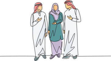 een single lijn tekening van jong stedelijk moslim forens wandelen samen Bij stadsstraat. saudi Arabië kleding schmag, hoofddoek, thobe, ghutra, hijaab, sluier. doorlopend lijn trek ontwerp illustratie png