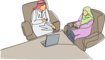 enda kontinuerlig linje teckning av ung muslim affärsman och affärskvinna diskuterar företag projekt tillsammans. arab Mellanöstern trasa smask, morgonrock, ett dra design illustration png