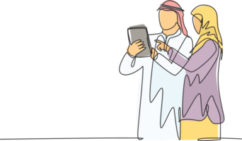 Single continuous line drawing of young muslim marketing manager discussing strategy to increase product sales. Arab middleeast cloth kandura, thawb, robe, hijab. One draw design illustration png