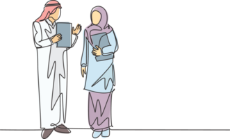 One single line drawing of young muslim manager deliver a job briefing to the female employee. Saudi Arabia cloth shmag, kandora, headscarf, ghutra. Continuous line draw design illustration png