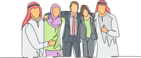 1 contínuo linha desenhando do jovem masculino e fêmea muçulmano pessoas de negócio abraçando ombro cada outro. islâmico roupas shemag, hijab, lenço, keffiyeh. solteiro linha desenhar Projeto ilustração png