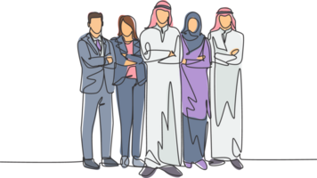 Single continuous line drawing of young male and female muslim staff employees line up together at the office. Arab middleeast cloth shmagh, thawb, hijab. One line draw design illustration png