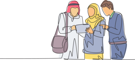 Single continuous line drawing of young male and female muslim worker discussing marketing strategy together. Arab middleeast cloth shmagh, thawb, hijab robe. One line draw design illustration png