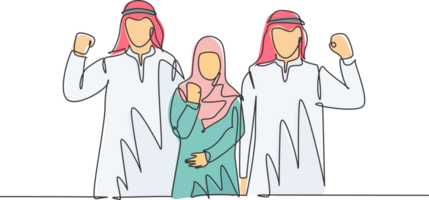 One single line drawing of young happy male and female muslim employees raising hands to celebrate job promotion. Saudi Arabia cloth headscarf, hijab. Continuous line draw design illustration png