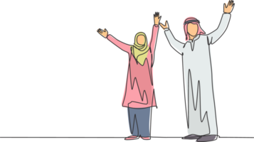 ett enda linje teckning av ung Lycklig manlig och kvinna muslim affärsmän fira en Framgång. saudi arabien trasa hijab, kandora, huvudduk, ghutra. kontinuerlig linje dra design illustration png