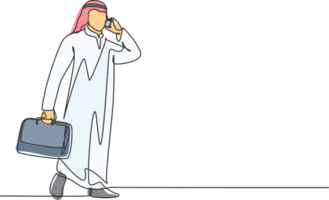 uno soltero línea dibujo de joven contento masculino musulmán trabajador vocación su colegas por teléfono. saudi arabia paño mierda, kandora, Pañuelo, thobe, ghutra continuo línea dibujar diseño ilustración png