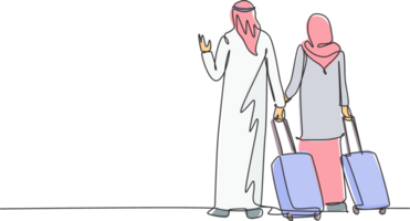 einer kontinuierlich Linie Zeichnung von jung männlich und weiblich Muslim Paar tun Geschäft Ausflug zu im Ausland zusammen. islamisch Kleidung Kopftuch, Kandura, Schal, keffiyeh. Single Linie zeichnen Design Illustration png