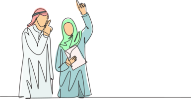 ett enda linje teckning av ung Lycklig manlig och kvinna muslim chef diskuterar företag projekt. saudi arabien trasa shmag, hijab, huvudduk, ghutra. kontinuerlig linje dra design illustration png