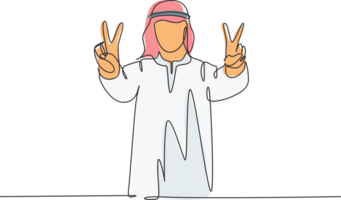 One continuous line drawing of young male muslim employee giving peace or victory hand gesture. Islamic clothing shemag, kandura, scarf, keffiyeh. Single line draw design illustration png