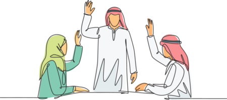 Single continuous line drawing of young male and female muslim company founder vote to choose new company leader. Arab middleeast cloth kandura, hijab, robe. One line draw design illustration png