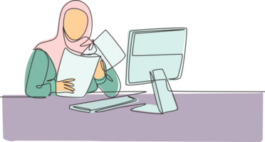 Single continuous line drawing of young female muslim businesswoman prepare documents for presentation to investors. Arab middleeast cloth hijab and veil. One line draw design illustration png