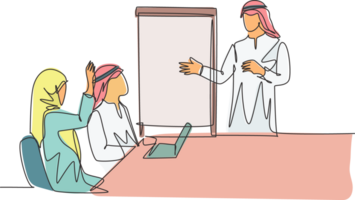 Single continuous line drawing of young male and female muslim businesspeople attending business coaching. Arab middleeast cloth shmagh, hijab, thawb, robe. One line draw design illustration png