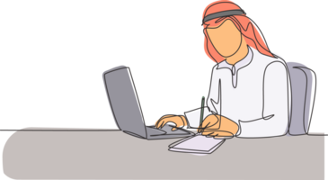 One single line drawing of young happy male muslim businessman writing business contract draft. Saudi Arabia cloth shmag, headscarf, thobe, ghutra. Continuous line draw design illustration png