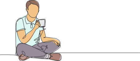 One continuous line drawing of young happy attractive worker sitting on the floor while holding a cup of coffee and thinking some ideas. Drinking tea concept graphic design illustration png