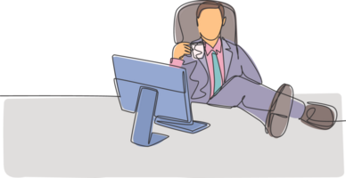 Single continuous line drawing of young happy business man analyzing annual report at computer screen while take a break at office. Drinking coffee concept one line draw design illustration png