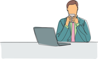 een doorlopend single lijn tekening van jong gelukkig afzet manager aan het kijken verkoop diagram Bij laptop scherm terwijl genieten van aroma van de koffie. drinken koffie concept tekenfilm ontwerp illustratie png