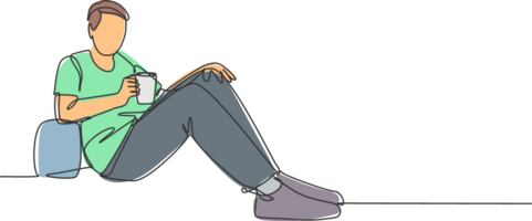 One continuous line drawing of young happy business man take a rest by lying down at sofa couch while holding mug of coffee. Drinking or tea concept single line draw sign design illustration png